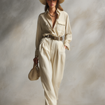 Women's Elegant Beige Long-sleeved Pants Suit Made Of High-quality Natural Cotton And Linen Fabric