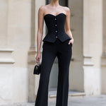 Black Strapless Corset Peplum & Wide-Leg Trouser Set
