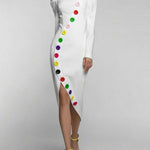 Long Sleeves Buttoned Contrast Color High Neck Midi Dresses