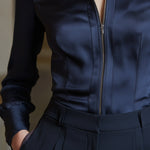 Tailored Zip-Front Long-Sleeve Fitted Blouse