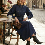 Puff Sleeves Belted Buttoned Pockets Split-Joint Lapel Midi Dresses