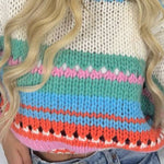 Rainbow Mood Multicolor Round Neck Hollow Long Sleeve Knitted Sweater