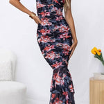 Styled To Perfection Floral Ruched Mesh Overlay Ruffle Hem Maxi Dress
