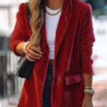 One button solid color mid-length blazer with suit collar