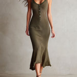 Quiet Luxury Olive Ribbed Knit Midi Dress With Flared Hem