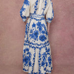 Loose Puff Sleeves Floral Printed Pleated Split-Joint Tied Waist Lapel Maxi Dresses Shirt Dress