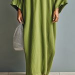Women's Linen Blend Henley Neck Embroidered Batwing Sleeve Kaftan Maxi Dress