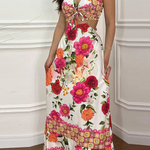 Mexico Style Tropical Print Ring Cutout Lace-up Vacation Maxi Dress