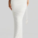 Imalia Stretch Mesh Pearl Trim Gathered Tank and Detachable Belt Vacation Maxi Skirt Set