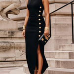 Bodycon Sleeveless Buttoned Solid Color Split-Side High Neck Maxi Dresses
