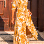 Lapel-collar boho-print single-breasted maxi dress