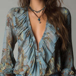 Printed Ruffled Zip-Front Chiffon Blouse – Mist Blue Snake Floral