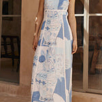 Unique Print Back Tie-up Slip Flared Maxi Dress