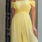 Soft Yellow Off-Shoulder Chiffon Wide-Leg Jumpsuit