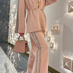 Edan Textured Knit Sequin Patchwork Drawstring Zipper Sweatshirt and Stretch Wide Leg Pants Set