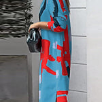 Loose Wrap Buttoned Contrast Color Pockets Printed Split-Side Shirt Dress