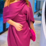 Whispered Yes Satin Irregular Lapel Neckline Design Ruched Maxi Dress