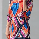 Seville Unique Printed Long Sleeve Shirt and Wrap Tie-up Mini Skirt Set