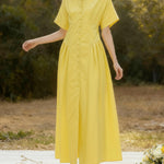 Loose Short Sleeves Buttoned Pleated Solid Color Lapel Collar Midi Dresses Shirt Dress
