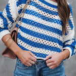 Fashion Loose Striped Hollow Crew Neck Knit Sweater