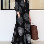 Long Sleeves Loose Printed Split-Joint Lapel Maxi Dresses Shirt Dress