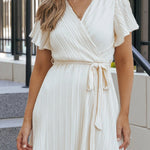 White Flutter Sleeve Wrapped Pleated Sashed Short Dress