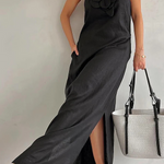 Vacay Ready Linen Blend Floral Embellishment Pocketed Slit Maxi Dress