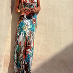 RAINFOREST PARADISE TROPICAL PRINT CUTOUT BACK CROSSOVER STRETCH MAXI DRESS