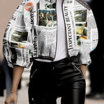 Loose Puff Sleeves Letter Print Stand Collar Outerwear