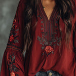 Vintage Red Embroidered Lantern Sleeve Boho Blouse