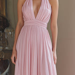 Blush Pink Halter Plunge Pleated Chiffon Maxi Dress