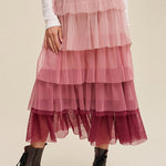 Pink Gradient Mesh Ruffle Tiered Tulle Maxi Skirt