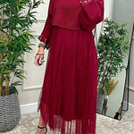 Fenna Ribbed Sequin Trim Batwing Sleeve Sweater and Pleated Tulle Stretch Tank Midi Dress Two-piece Set