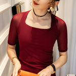 Simple Solid Color Square-Neck Half Sleeves Shirt