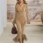 Retro Western Style V-neck Fringed Faux Suede Maxi Dress