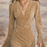 Retro Western Style V-neck Fringed Faux Suede Maxi Dress