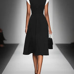 Women's Colorblock Square Neck Cap Shoulder Sleeve Waist Midi Dress