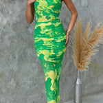 Night Blooms Mesh Overlay Printed One Shoulder Ruched Stretch Maxi Dress
