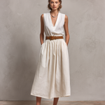 Women's Elegant Beige Cotton-linen Blend V-neck Sleeveless Top And Skirt Set