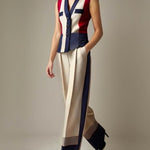 Sleeveless Buttoned Contrast Color V-Neck Vest Top