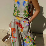 Island Dreaming Linen Blend Unique Print Tank and Elastic Waist Pocketed Pants Set