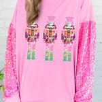 Pink Nutcracker Sequin Sleeve Patchwork Graphic Sweatshirt