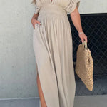 My Treasure Kimono Sleeve Pocketed Smoke Detail Slit Maxi Dress
