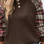 Fashionable diamond plaid patchwork long-sleeved round neck casual sweatshirt