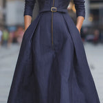 A-Line High Waisted Belted Pleated Pockets Zipper Lapel Midi Dresses