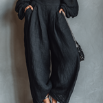 Women's Minimalist Linen Blend Strapless Long-sleeved Blouse And Wide-leg Pants Set