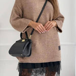 High-neck lace-trimmed long sweater