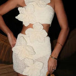 Mermaid Song Crochet Knit Three Dimensional Halterneck Cutout Stretch Mini Dress