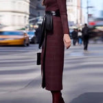Tie-waisted elegant long woolen dress