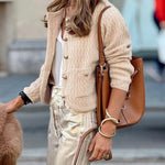 Solid Color V-neck Long-sleeved Loose Pocket Knit Cardigan